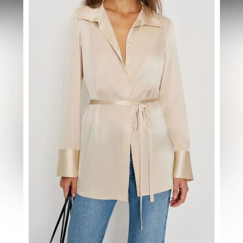 new Reformation Camilla silk belted blouse in almond - Picture 2 of 8